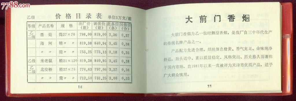 天津卷烟厂(80年代60多种香烟零售价)目录